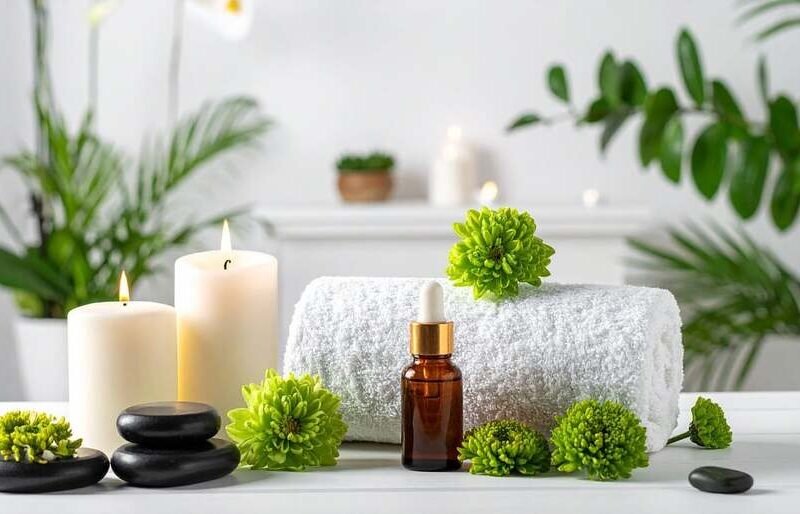 gemas y aceites esenciales, velas. Imagen de una Spa