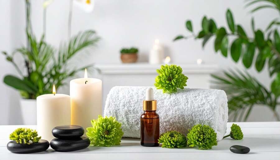 gemas y aceites esenciales, velas. Imagen de una Spa